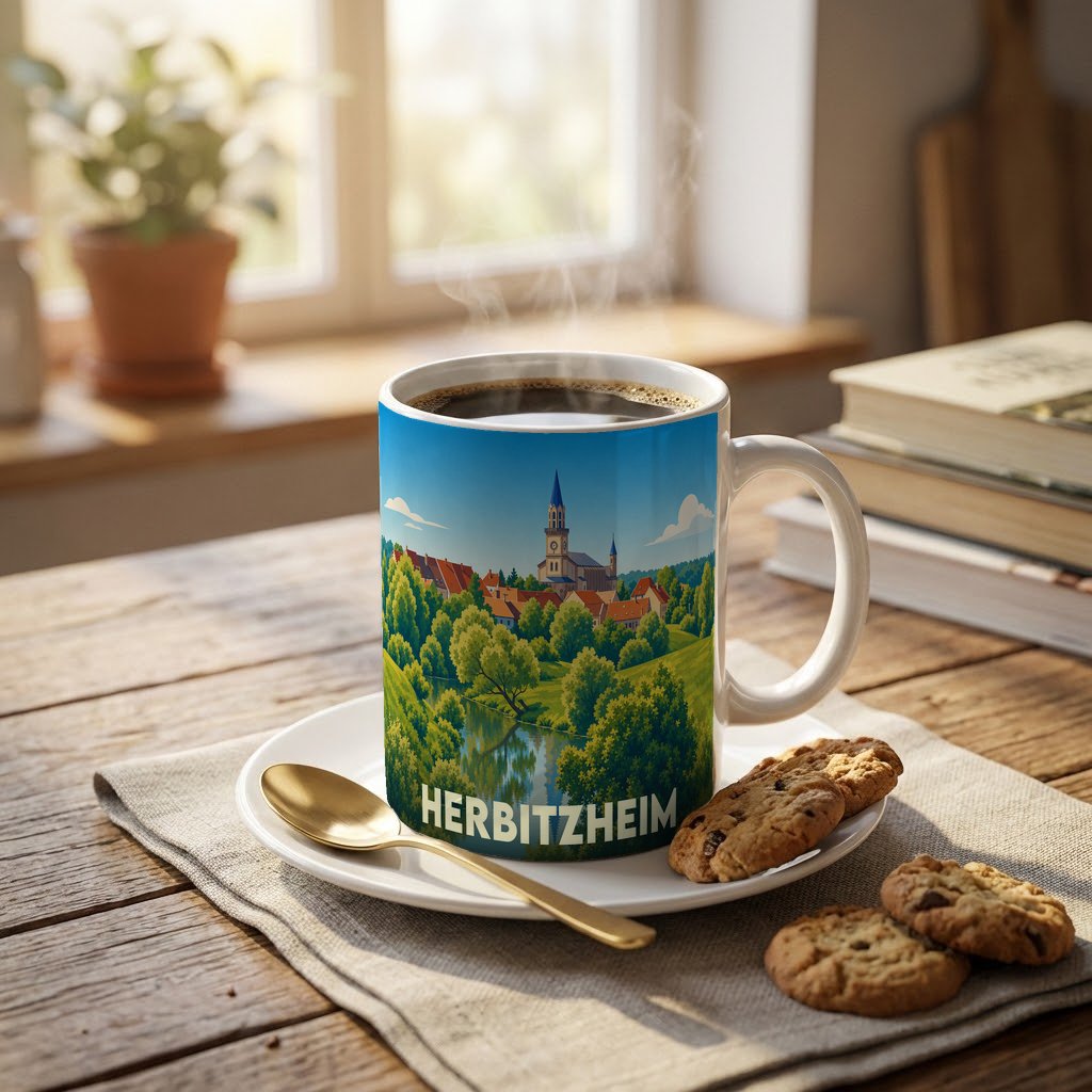 Mug souvenir de la ville de Herbitzheim avec une illustration stylisée de son paysage urbain et de sa nature.