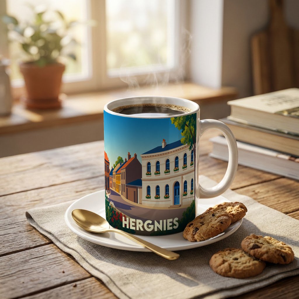 Mug souvenir de la ville de Hergnies orné d'une illustration stylisée de ses façades.