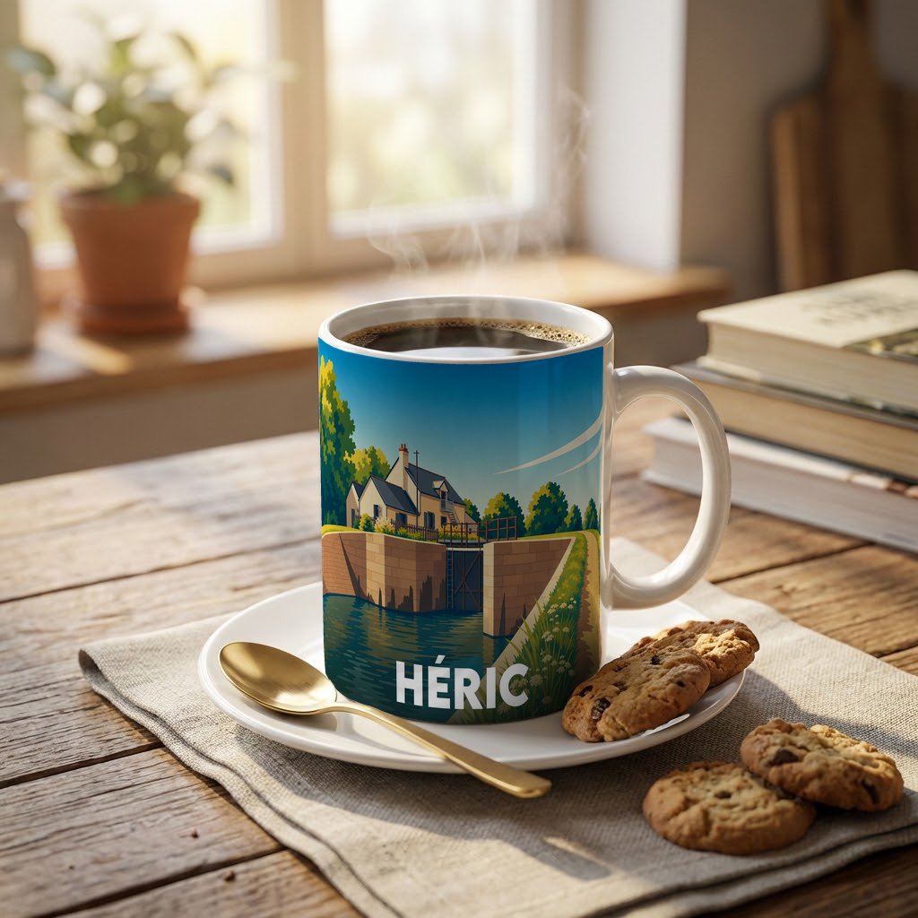Mug souvenir de la ville de Héric orné d'une illustration stylisée d'une écluse et d'une maison éclusière.
