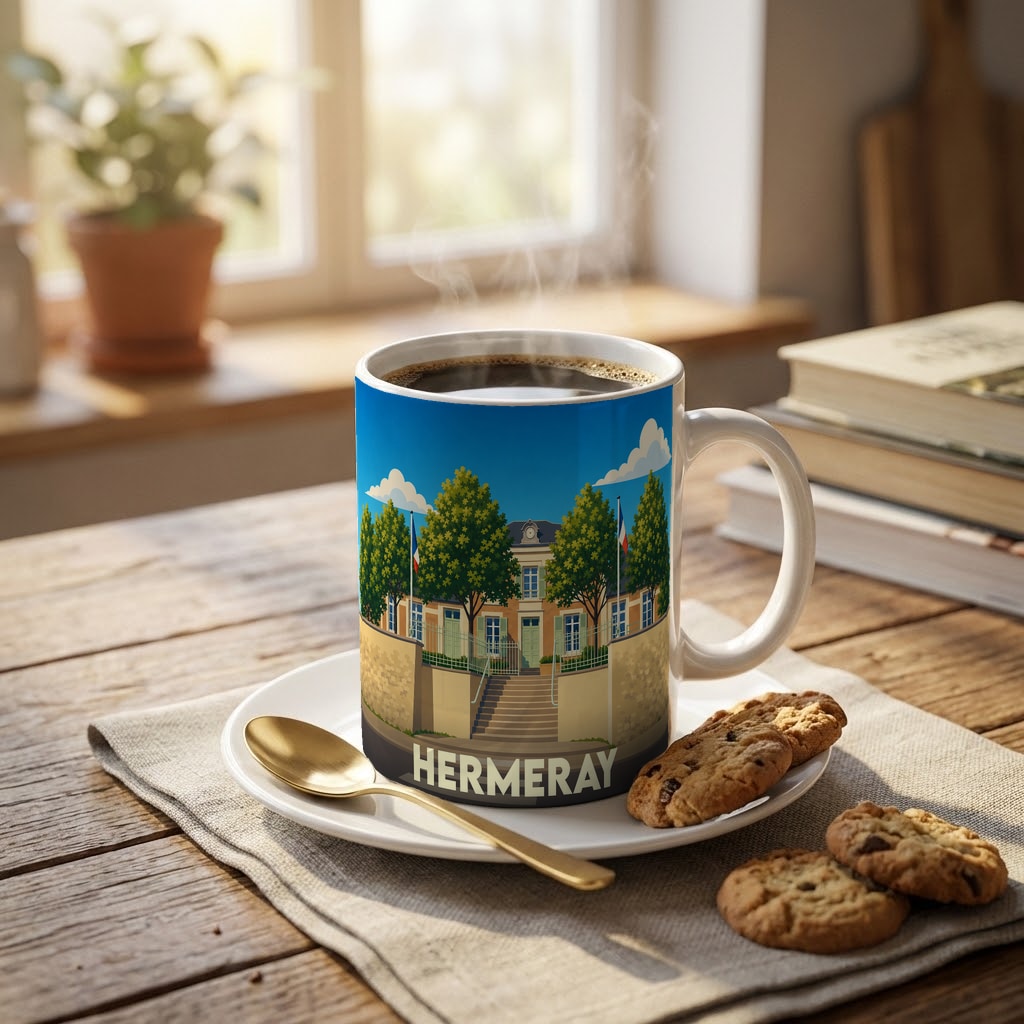 Mug souvenir de la ville de Hermeray avec une illustration stylisée de son architecture.