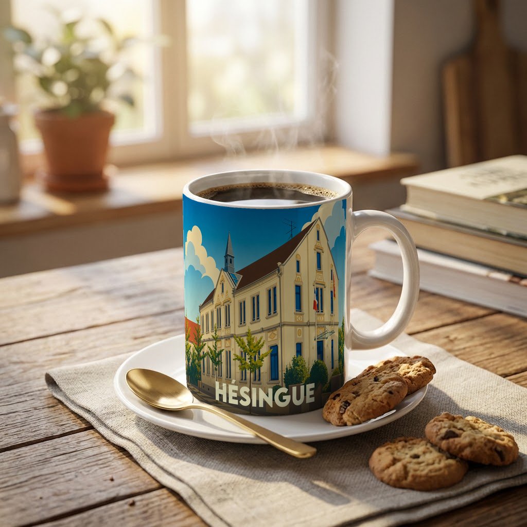 Mug souvenir de la ville de Hésingue avec une illustration stylisée de son architecture.