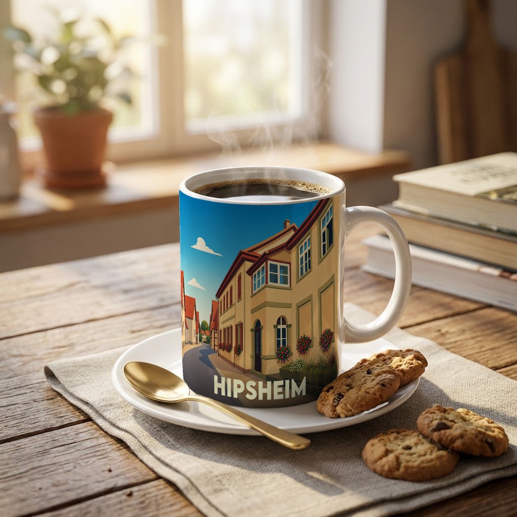 Mug souvenir de la ville de Hipsheim orné d'une illustration stylisée de ses rues et maisons traditionnelles.