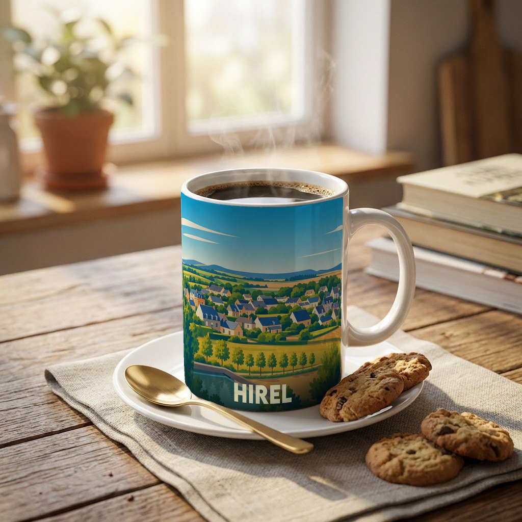 Mug souvenir de la ville de Hirel orné d'une illustration paysagère stylisée.
