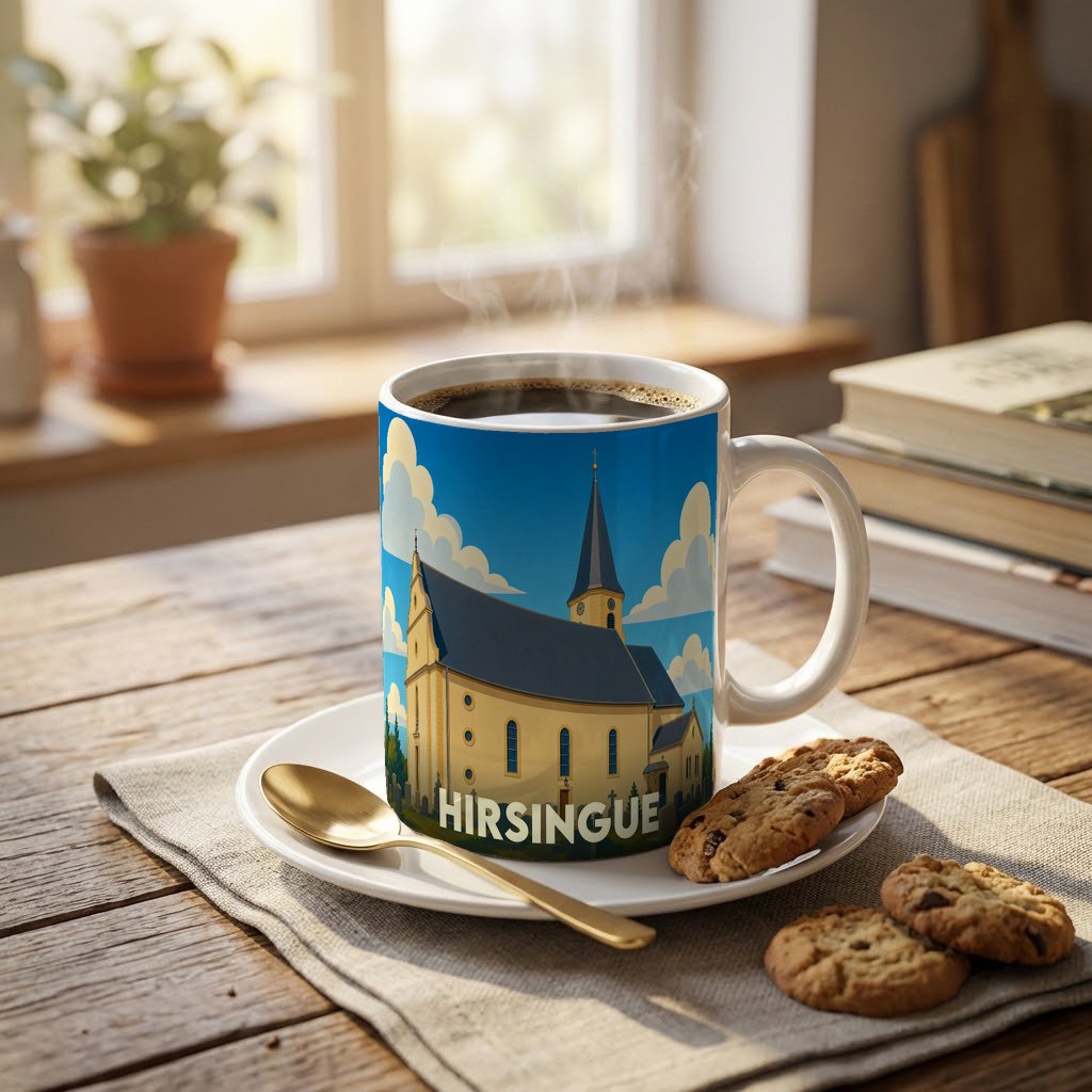 Mug souvenir de la ville de Hirsingue illustré d'une église stylisée sous un ciel bleu.