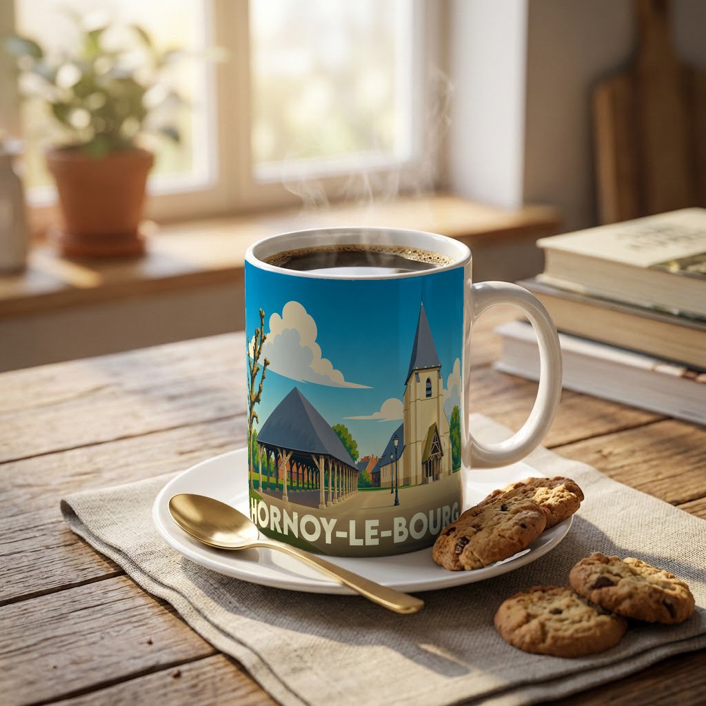 Mug souvenir de la ville de Hornoy-le-Bourg avec une illustration stylisée.