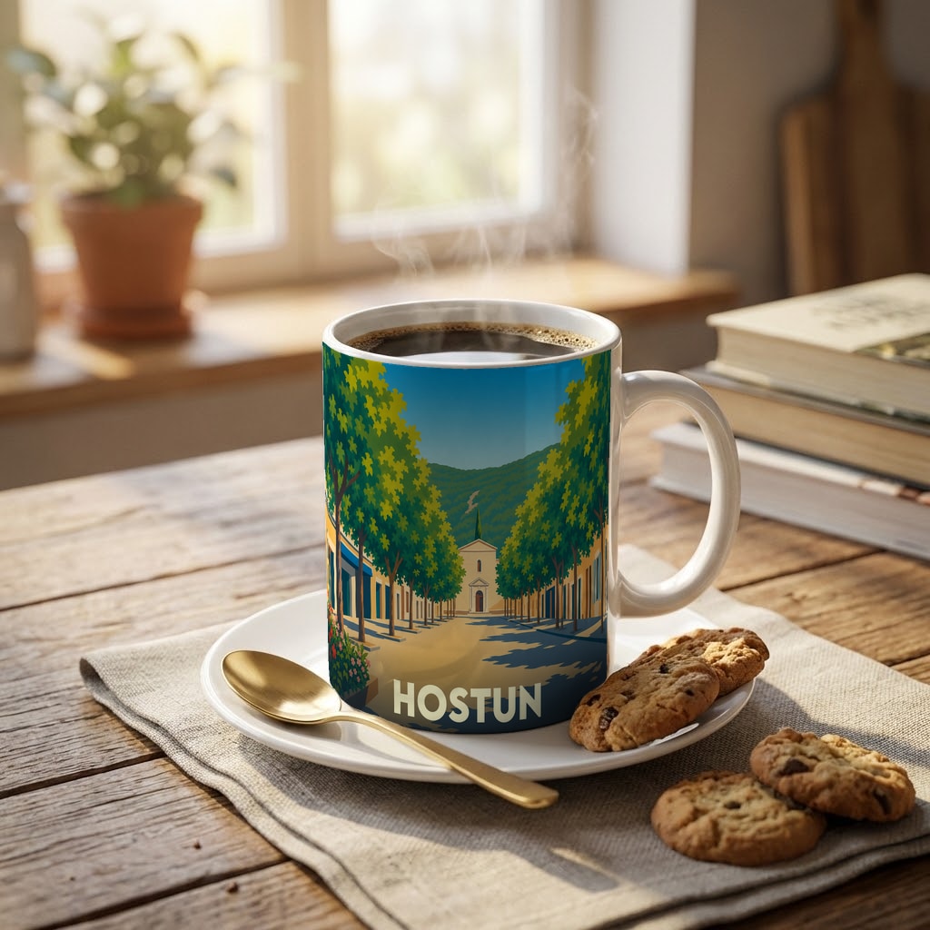 Mug souvenir de la ville de Hostun avec une illustration stylisée d'une rue arborée menant à une église.