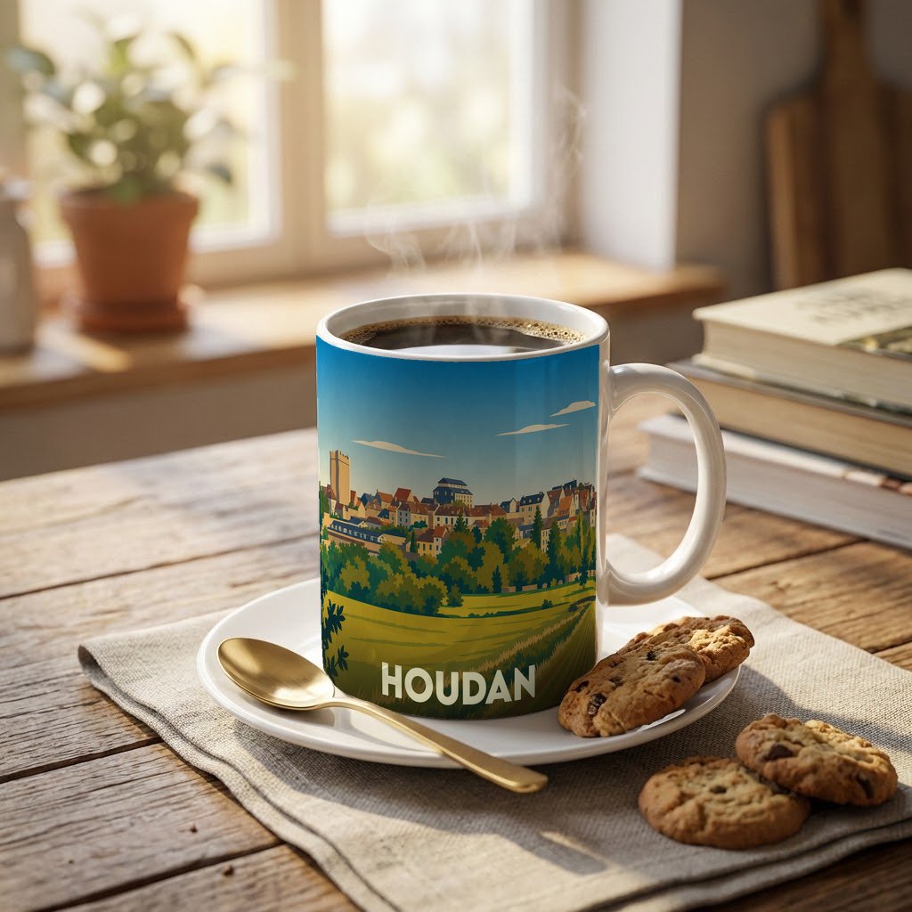 Mug souvenir de la ville de Houdan avec une illustration stylisée de son paysage urbain et de sa campagne.