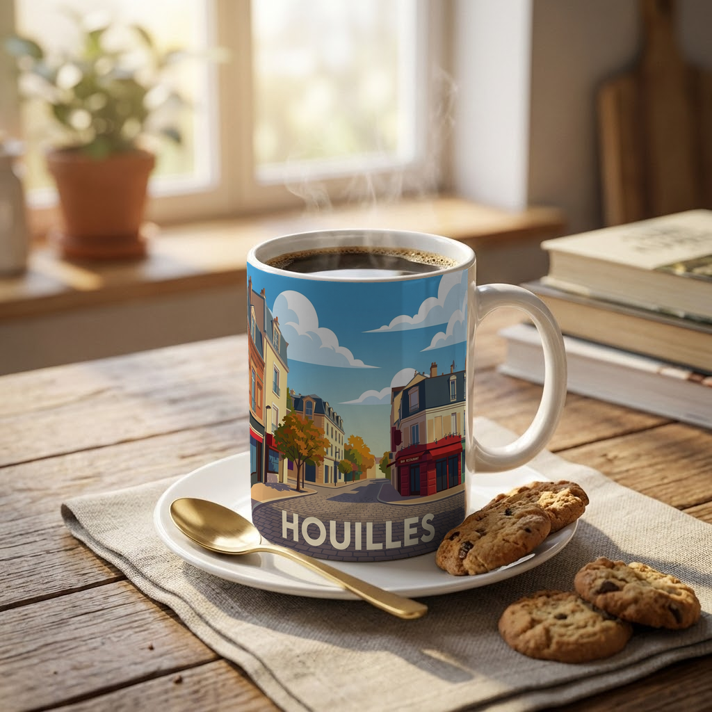 Mug souvenir de la ville de Houilles avec une illustration stylisée de ses rues.