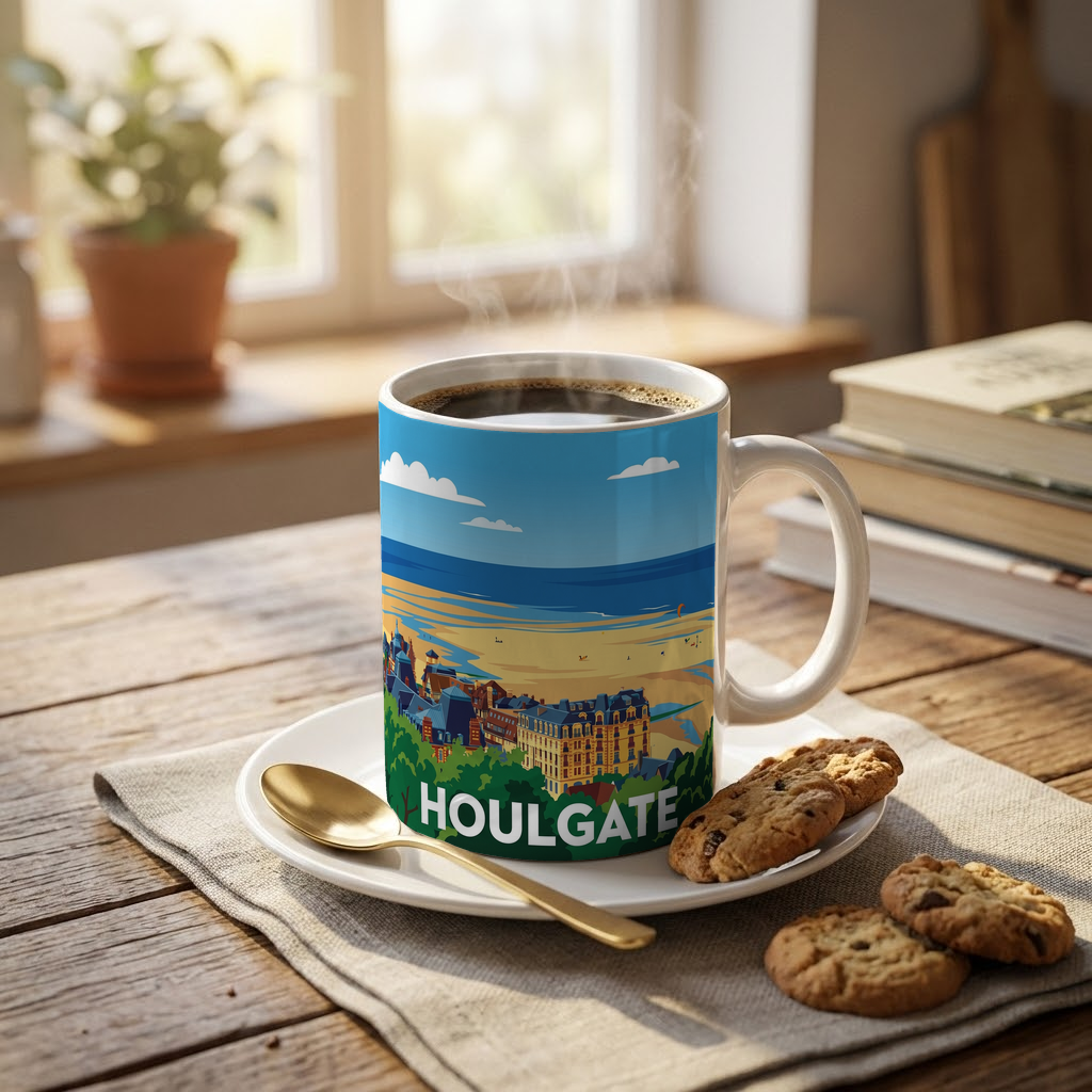 Mug souvenir de la ville de Houlgate avec une illustration stylisée de son front de mer.