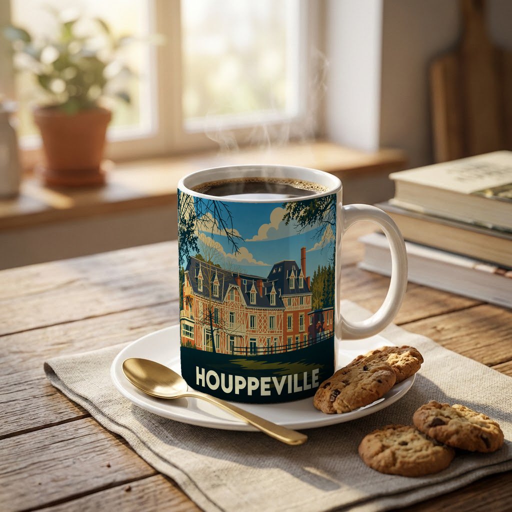 Mug souvenir de la ville de Houppeville avec une illustration stylisée d'un manoir normand.