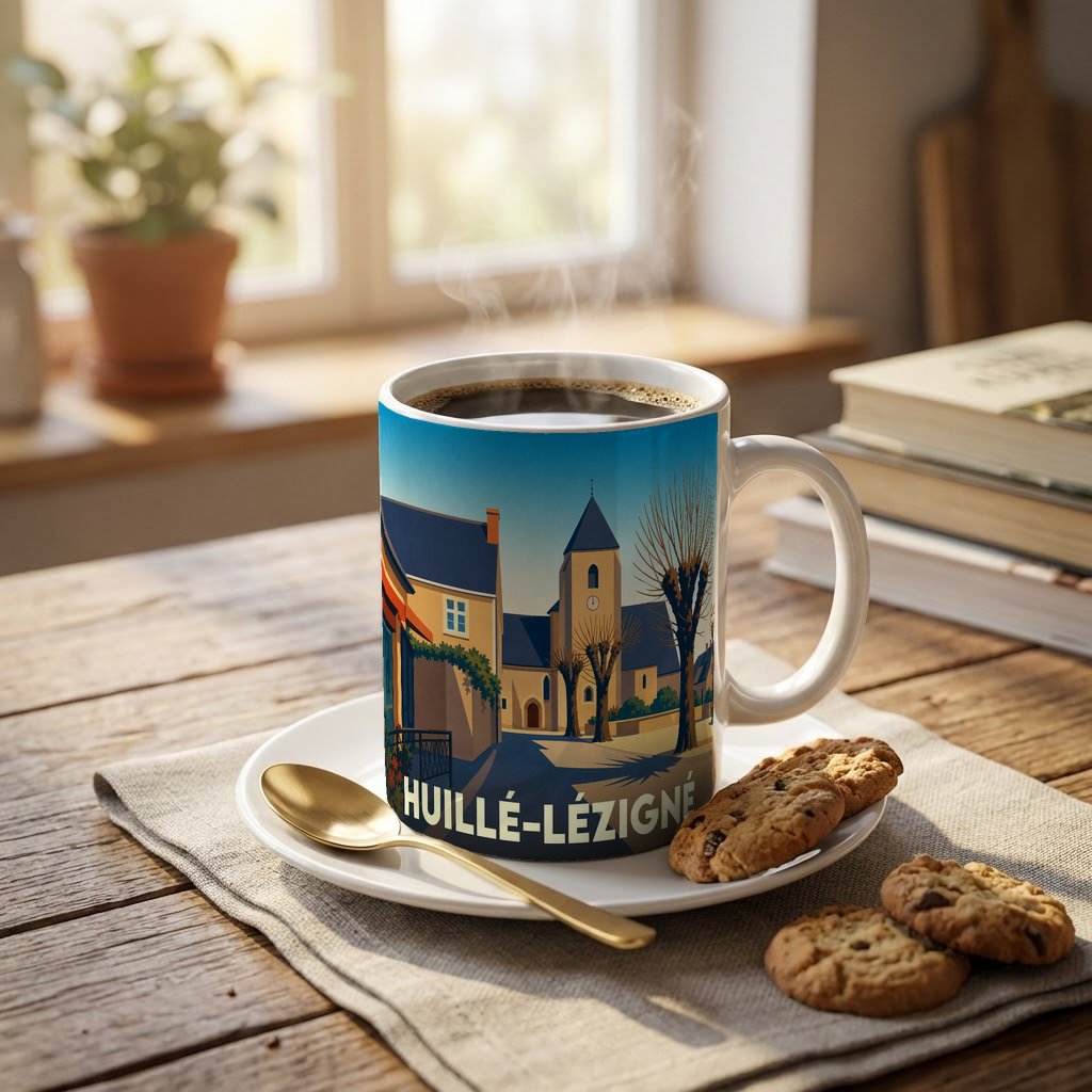 Mug souvenir de la ville de Huillé-Lézigné avec une illustration stylisée d'un paysage urbain.