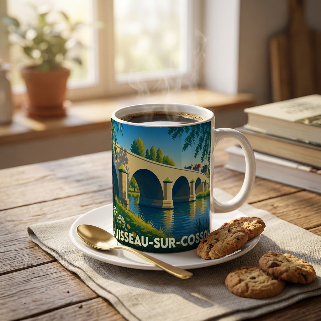 Mug souvenir de la ville de Huisseau-sur-Cosson orné d'une illustration stylisée d'un pont de pierre.