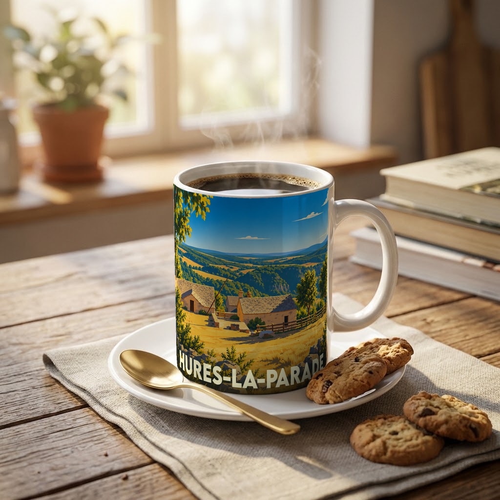 Mug souvenir de la ville de Hures-la-Parade illustré d'un paysage rural ensoleillé.
