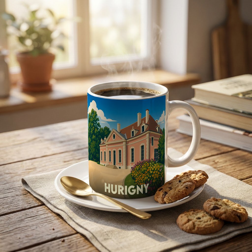 Mug souvenir de la ville de Hurigny avec une illustration stylisée d'un manoir.