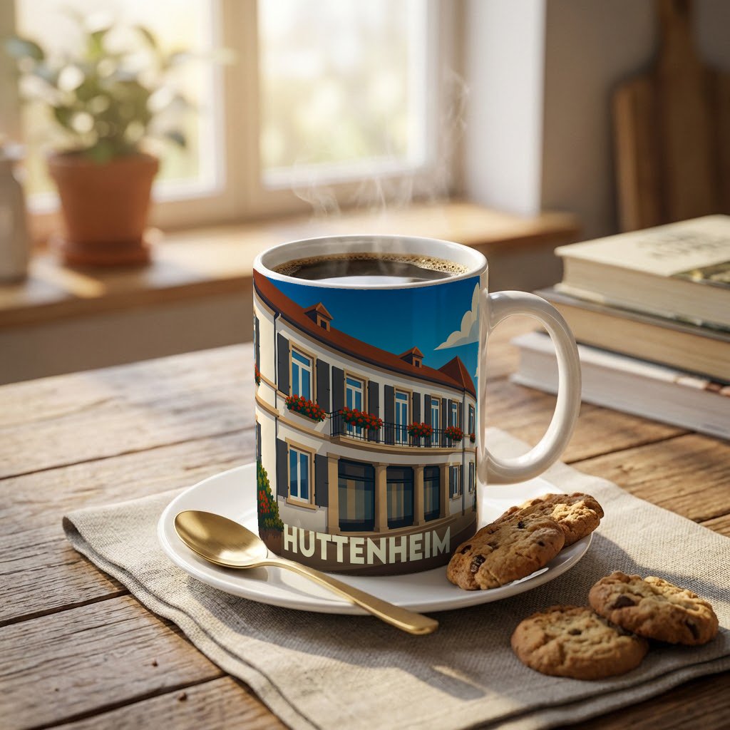 Mug souvenir de la ville de Huttenheim illustré d'un bâtiment typique et fleuri.