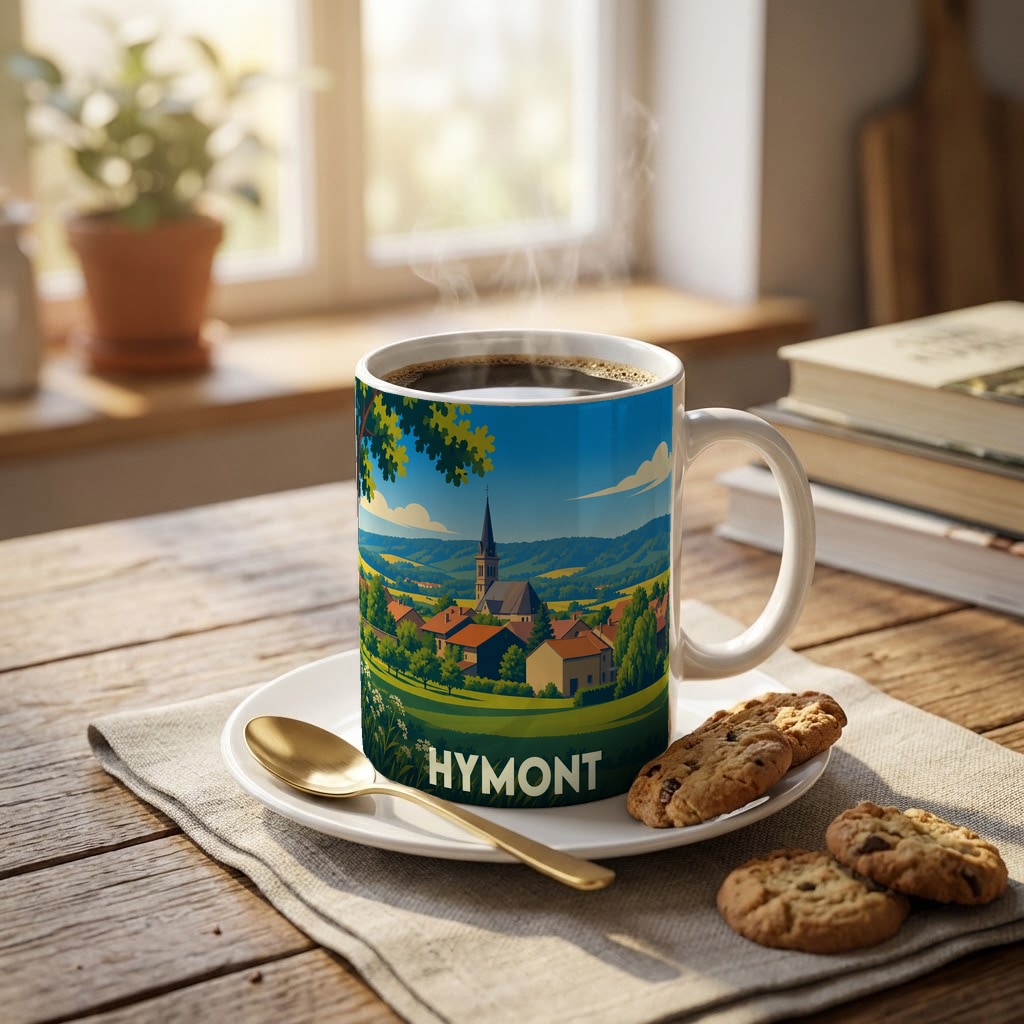 Mug souvenir de la ville de Hymont orné d'une illustration paysagère stylisée.