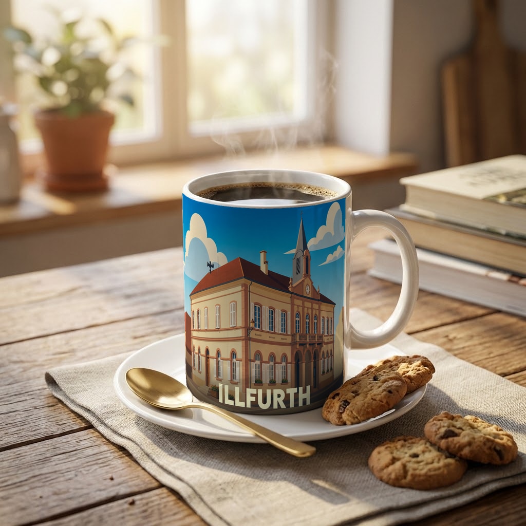 Mug souvenir de la ville d'Illfurth avec une illustration stylisée de son hôtel de ville.