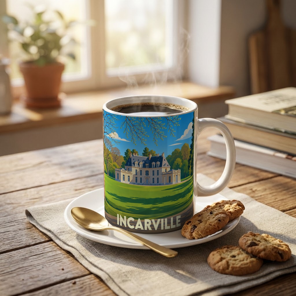 Mug souvenir de la ville d'Incarville orné d'une illustration stylisée représentant un château.