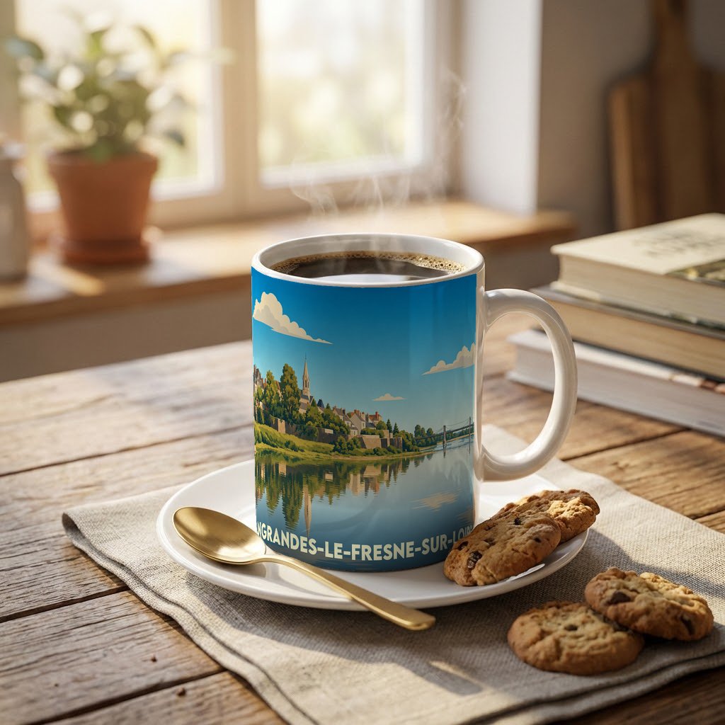 Mug souvenir de la ville d'Ingrandes-le-Fresne-sur-Loire orné d'une illustration stylisée de ses bords de Loire.