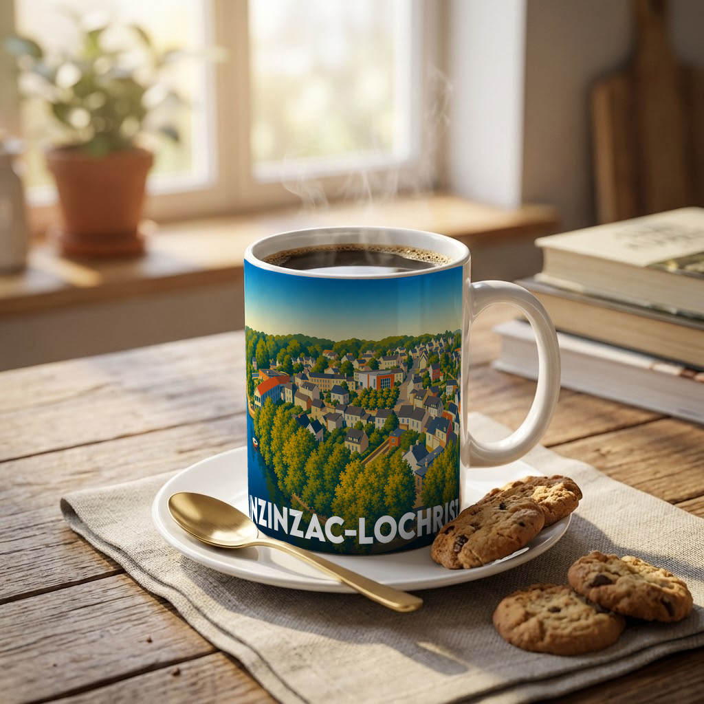 Mug souvenir de la ville d'Inzinzac-Lochrist orné d'une illustration panoramique et stylisée.