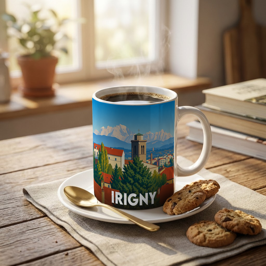 Mug souvenir de la ville d'Irigny avec une illustration stylisée.