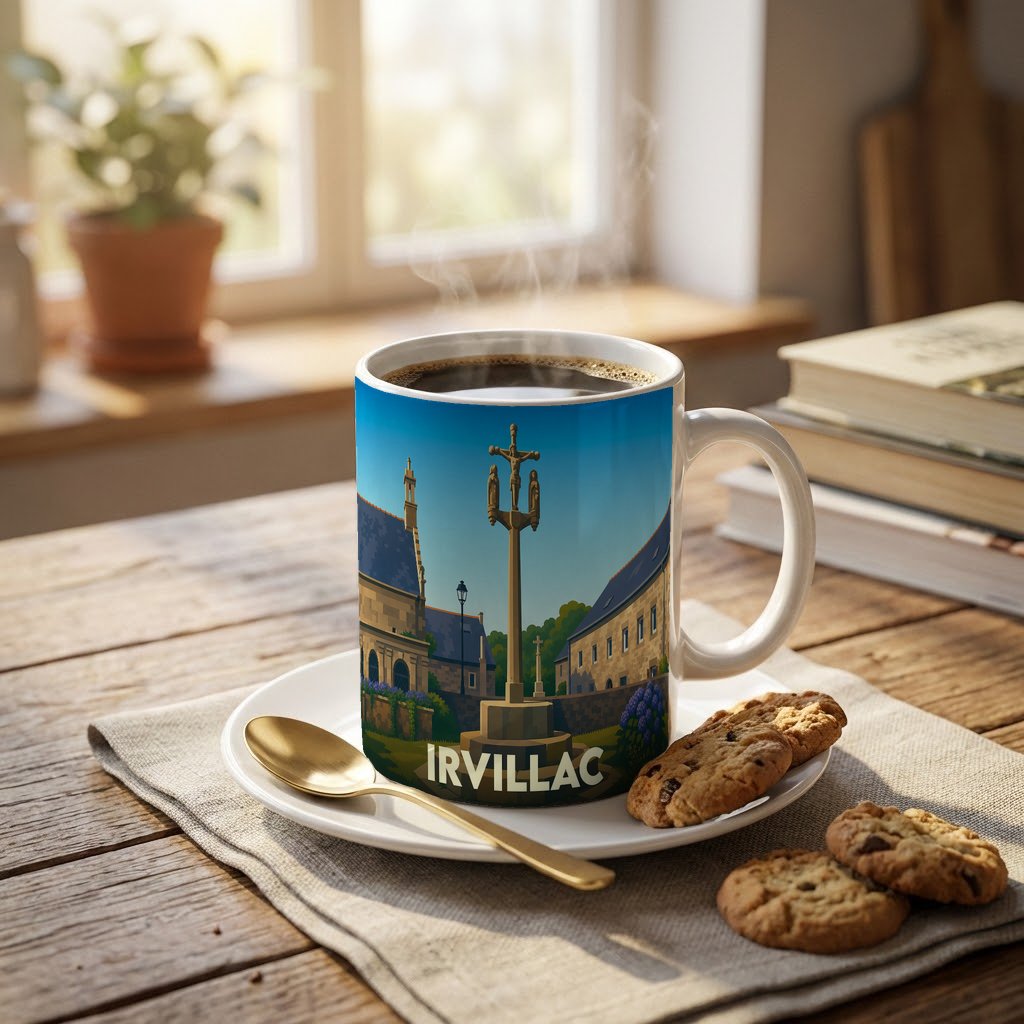 Mug souvenir de la ville d'Irvillac avec une illustration stylisée d'un calvaire breton.