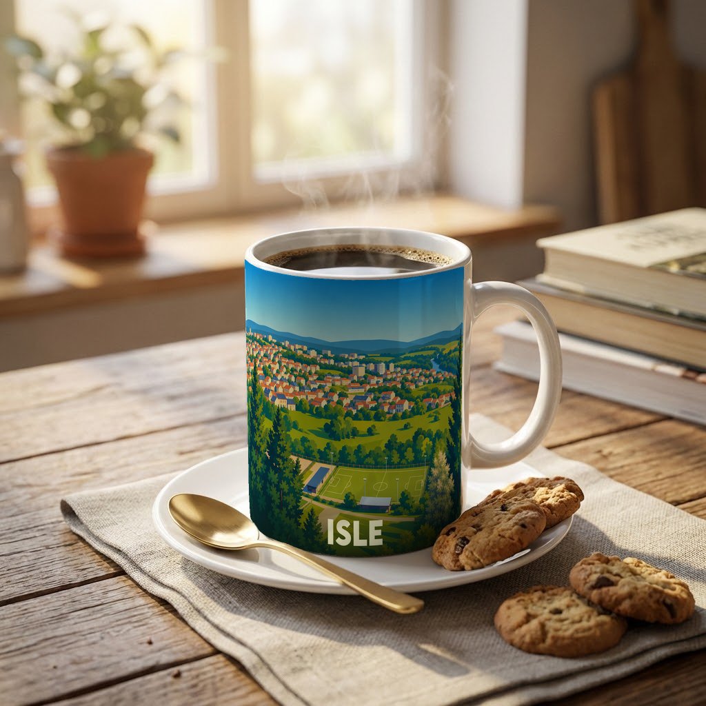 Mug souvenir de la ville de Isle orné d'une illustration paysagère stylisée.