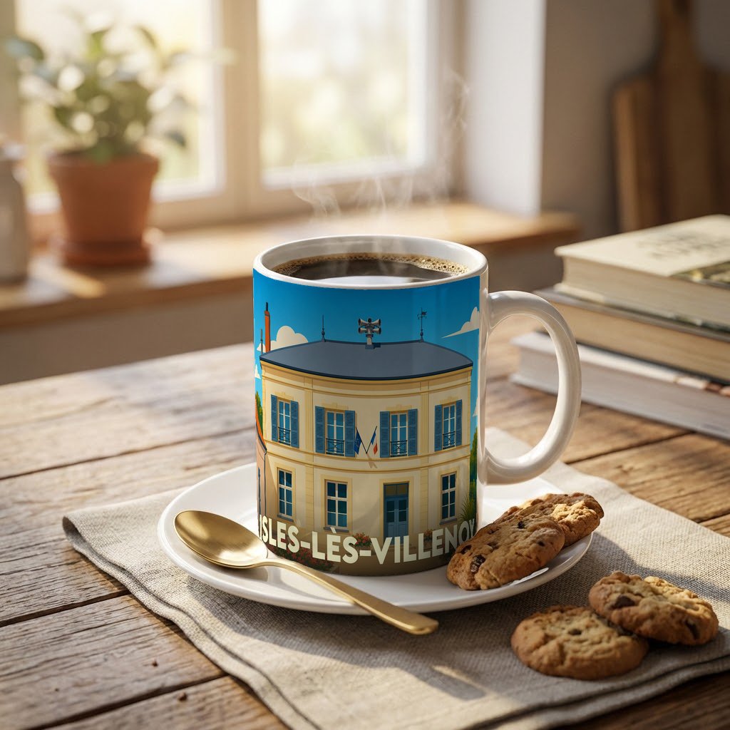 Mug souvenir de la ville de Isles-lès-Villenoy avec une illustration stylisée de sa mairie.