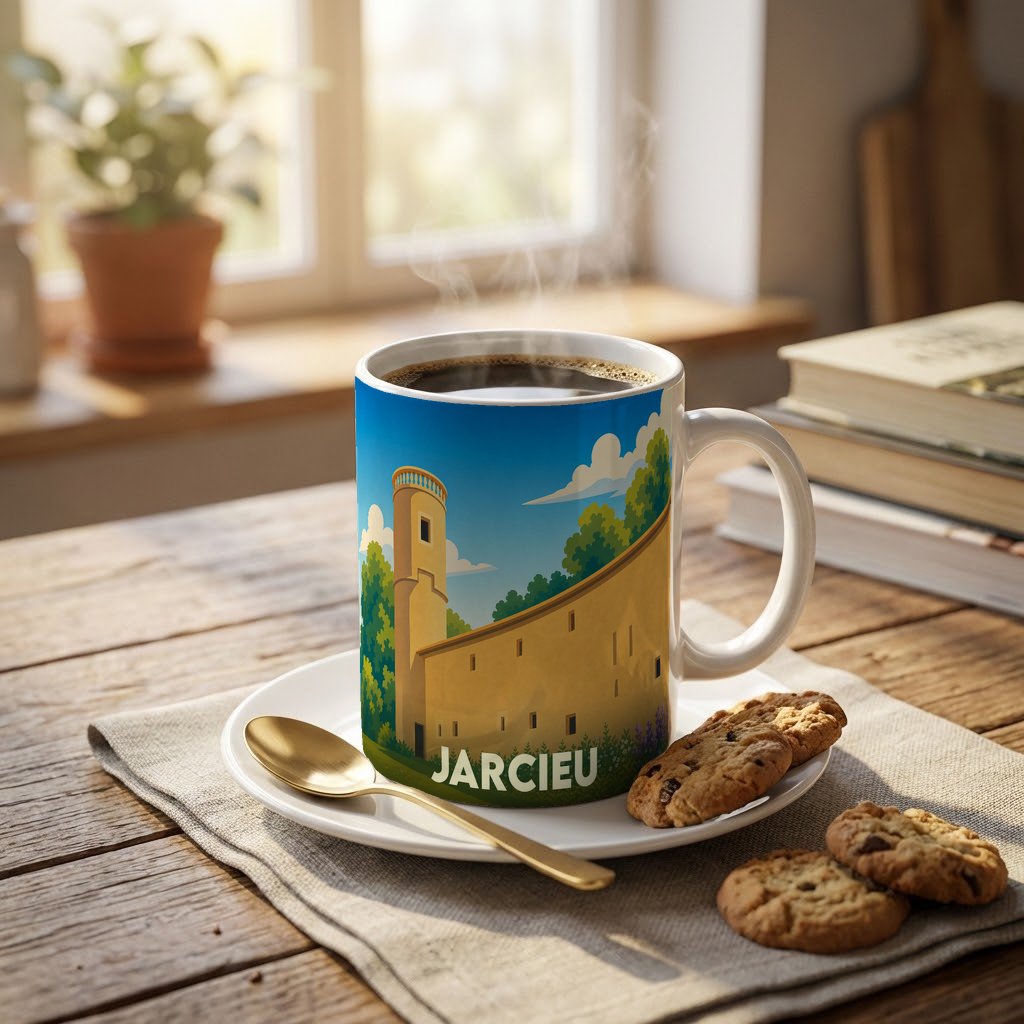 Mug souvenir de la ville de Jarcieu orné d'une illustration stylisée de son patrimoine architectural.