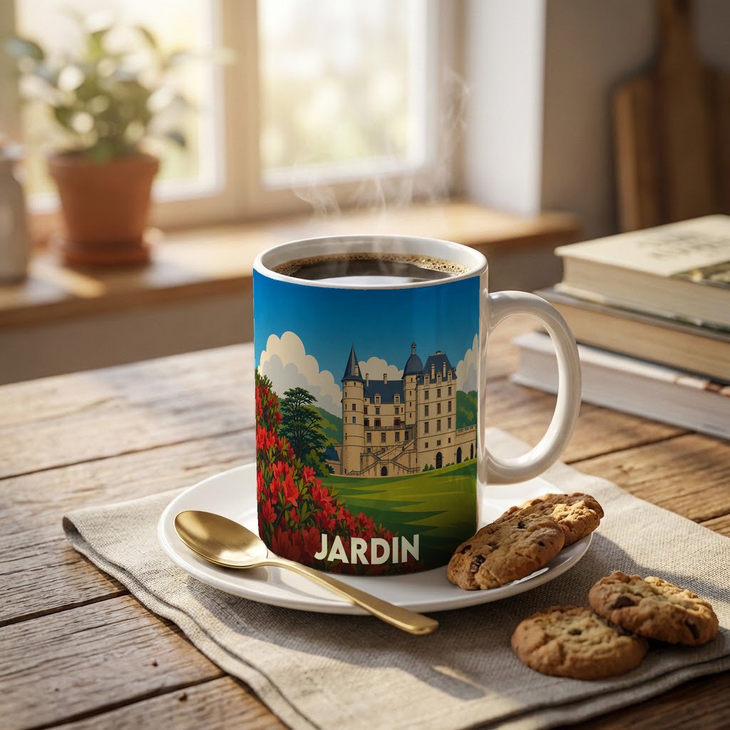 Mug souvenir de la ville de Jardin illustré d'un château majestueux et de fleurs rouges.