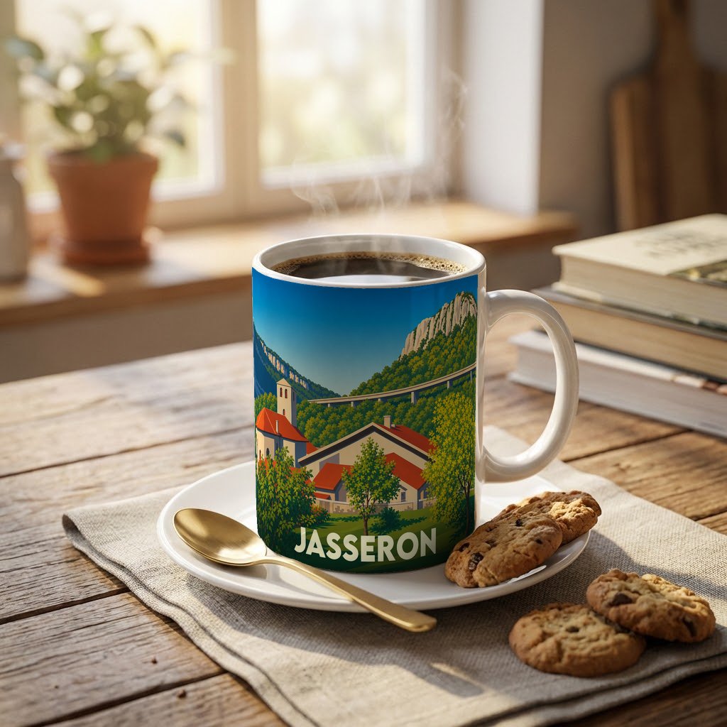 Mug souvenir de la ville de Jasseron orné d'une illustration paysagère stylisée.