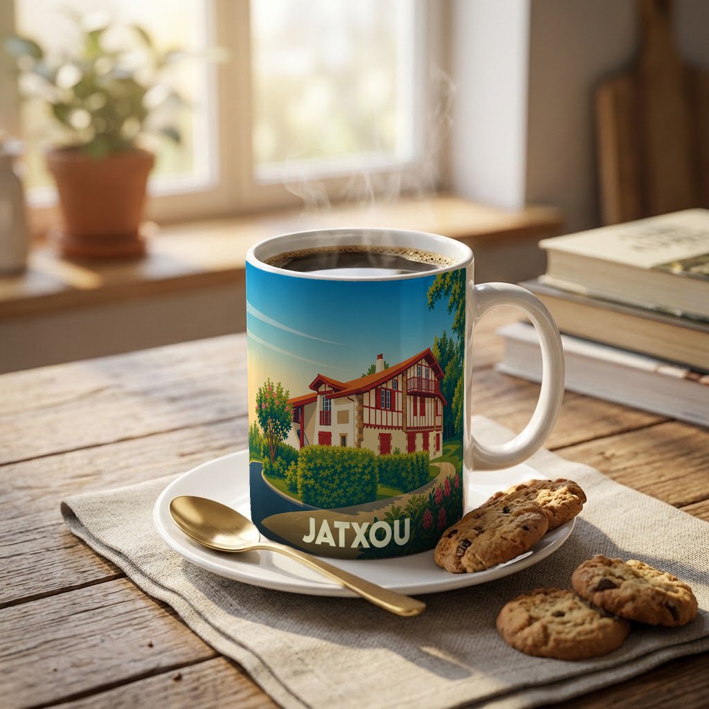 Mug souvenir de la ville de Jatxou illustré d'une maison basque traditionnelle.