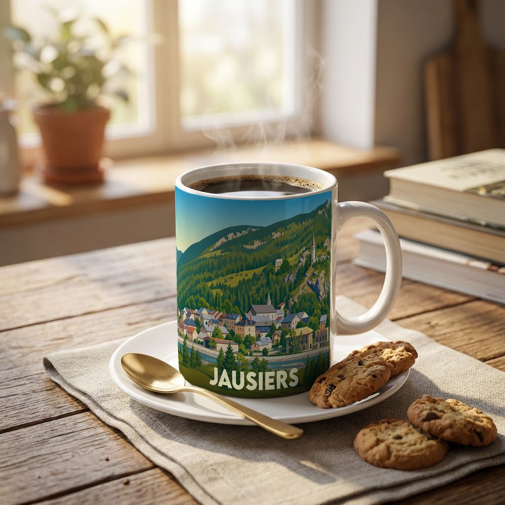 Mug souvenir de la ville de Jausiers orné d'une illustration stylisée de son paysage montagneux.