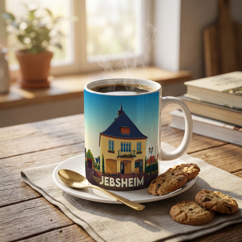 Mug souvenir de la ville de Jebsheim avec une illustration stylisée d'une maison traditionnelle alsacienne.