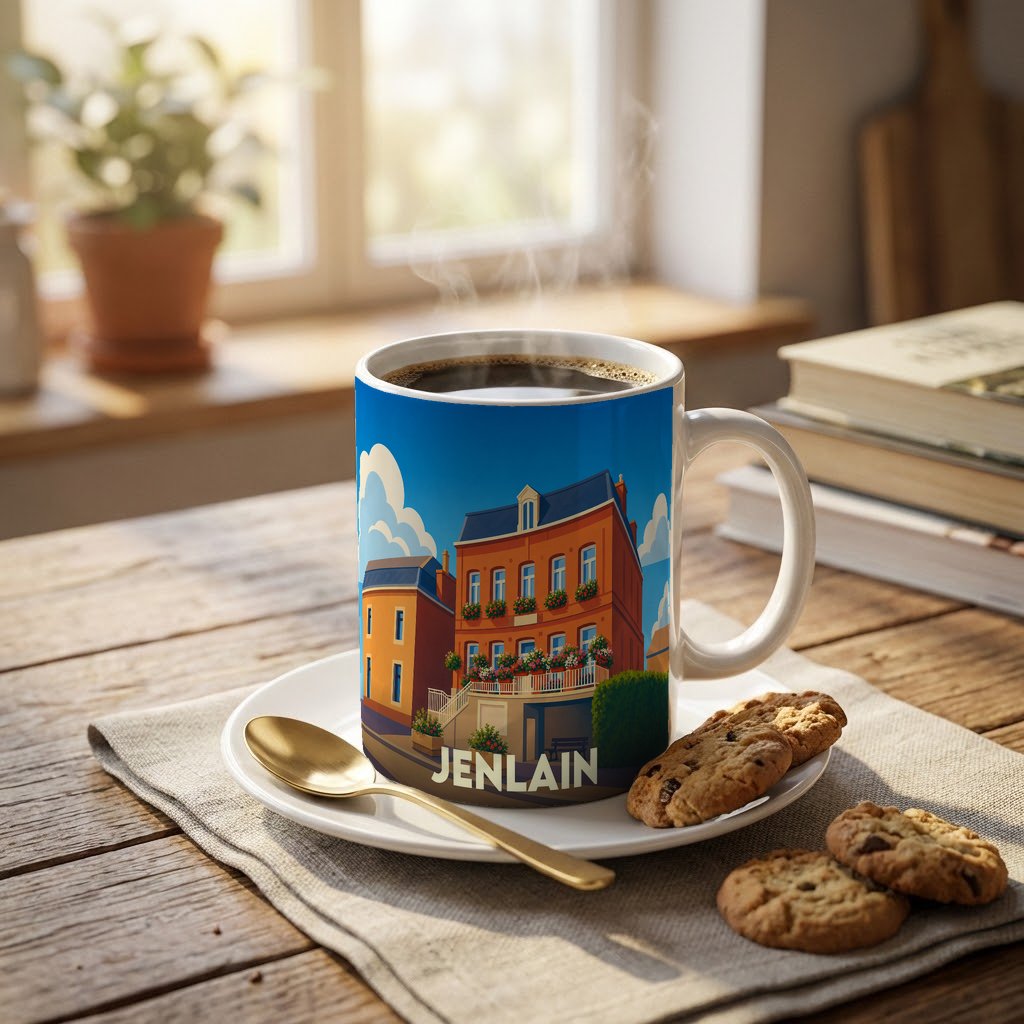 Mug souvenir de la ville de Jenlain avec une illustration stylisée de bâtiments locaux.