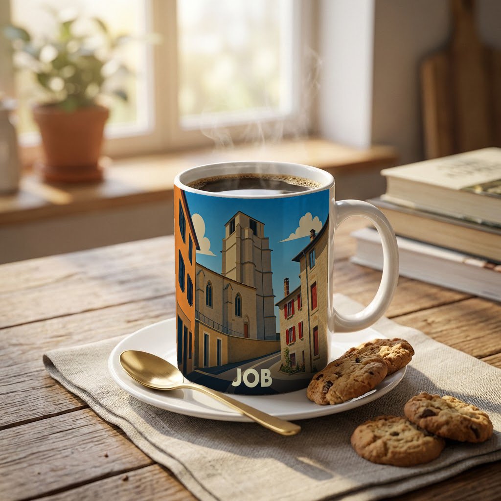 Mug souvenir de la ville de Job avec une illustration stylisée de son architecture.