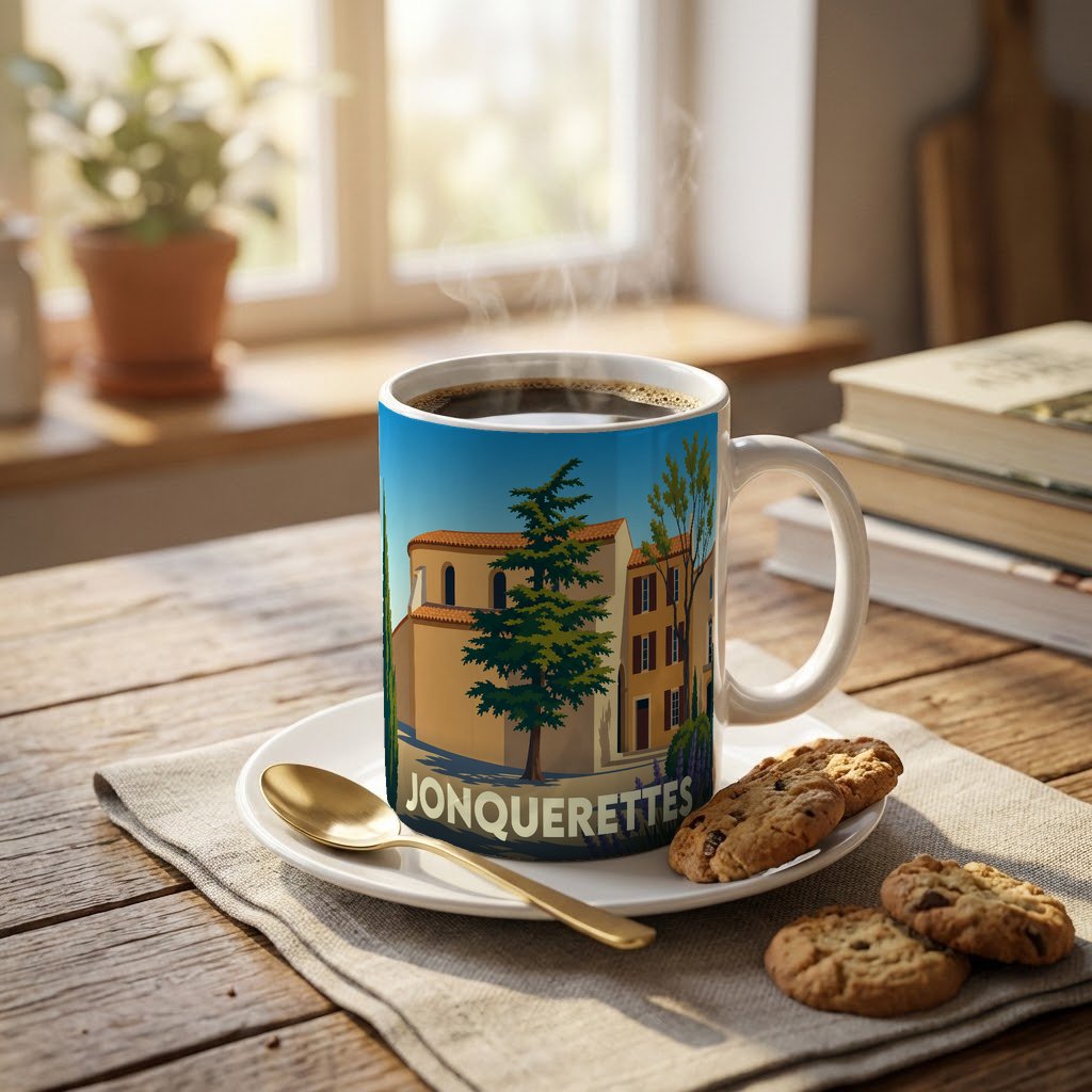 Mug souvenir de la ville de Jonquerettes avec une illustration stylisée.