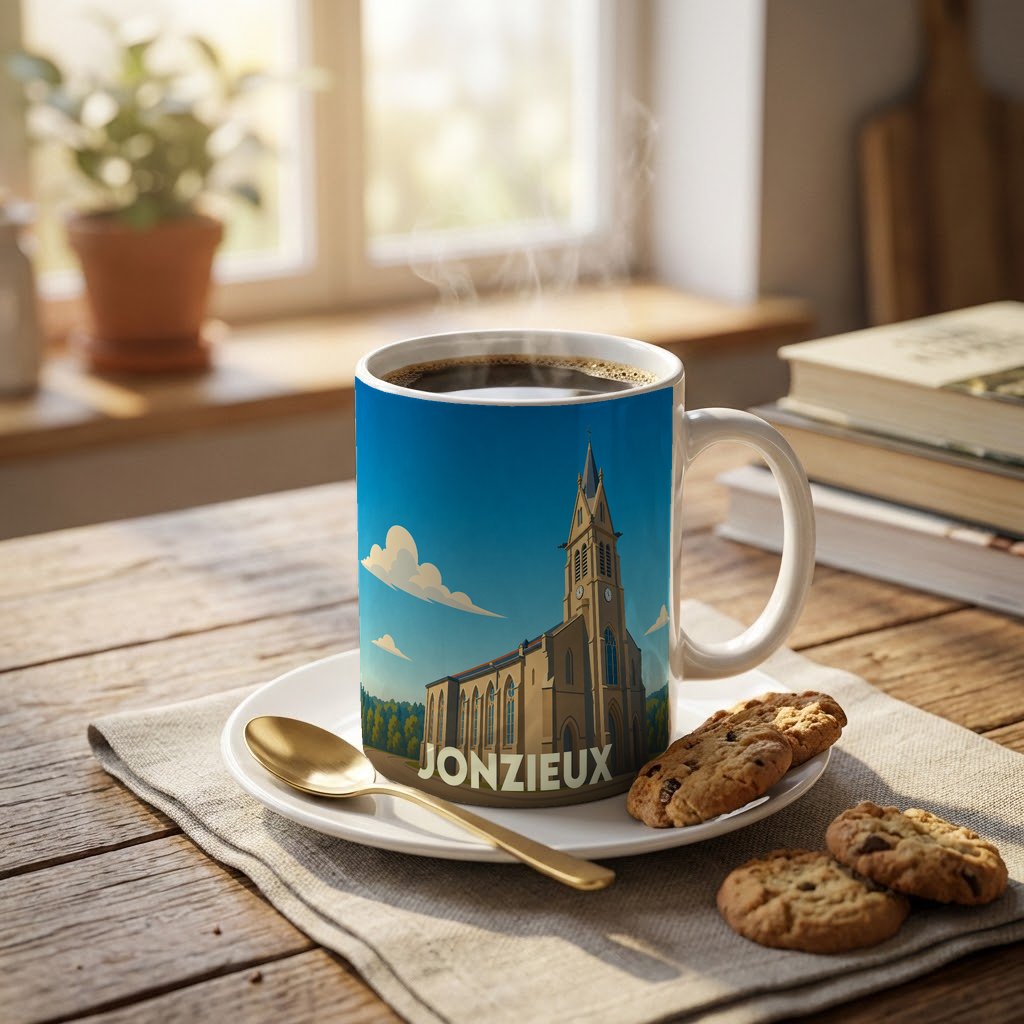 Mug souvenir de la ville de Jonzieux avec une illustration stylisée de son église.