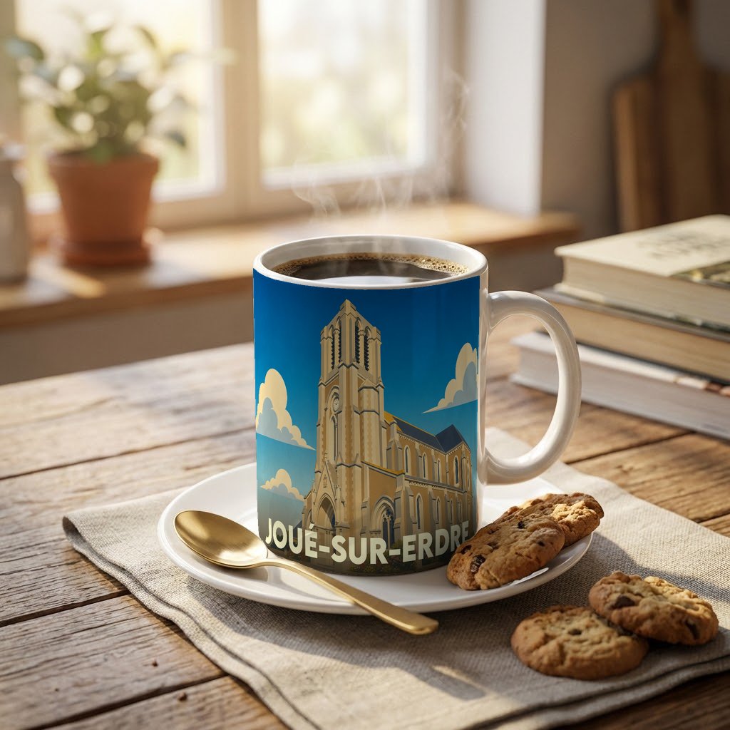 Mug souvenir de la ville de Joué-sur-Erdre avec une illustration stylisée de son église.