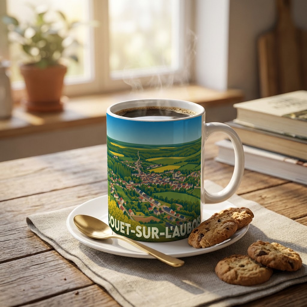 Mug souvenir de la ville de Jouet-sur-l'Aubois avec une illustration stylisée d'un paysage de campagne.