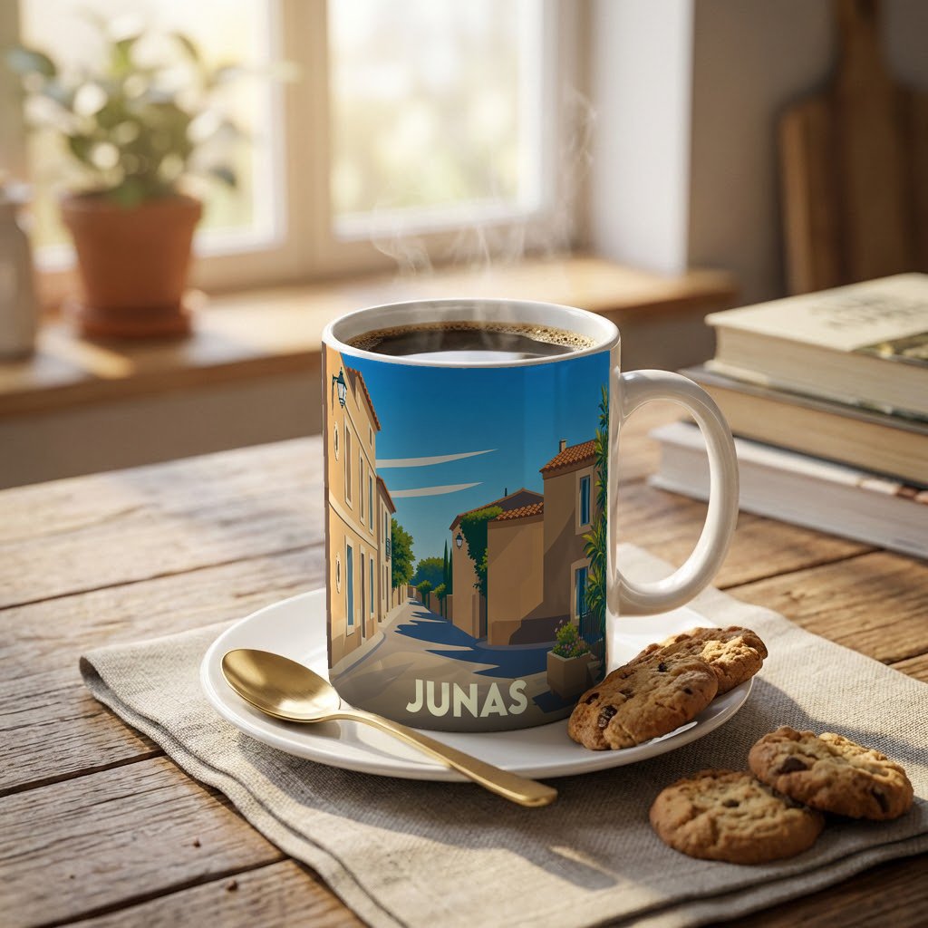 Mug souvenir de la ville de Junas orné d'une illustration stylisée de ses ruelles ensoleillées.