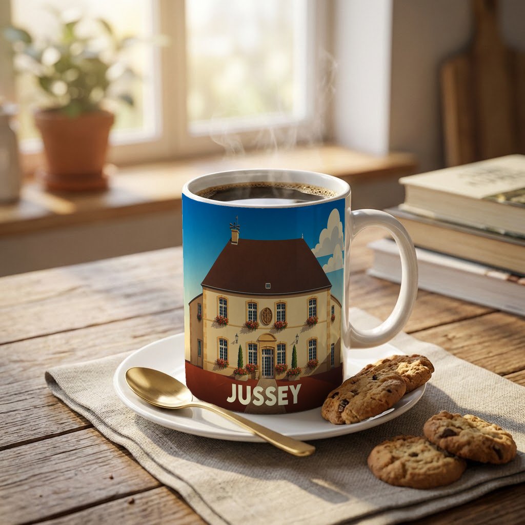 Mug souvenir de la ville de Jussey avec une illustration stylisée d'un bâtiment historique.