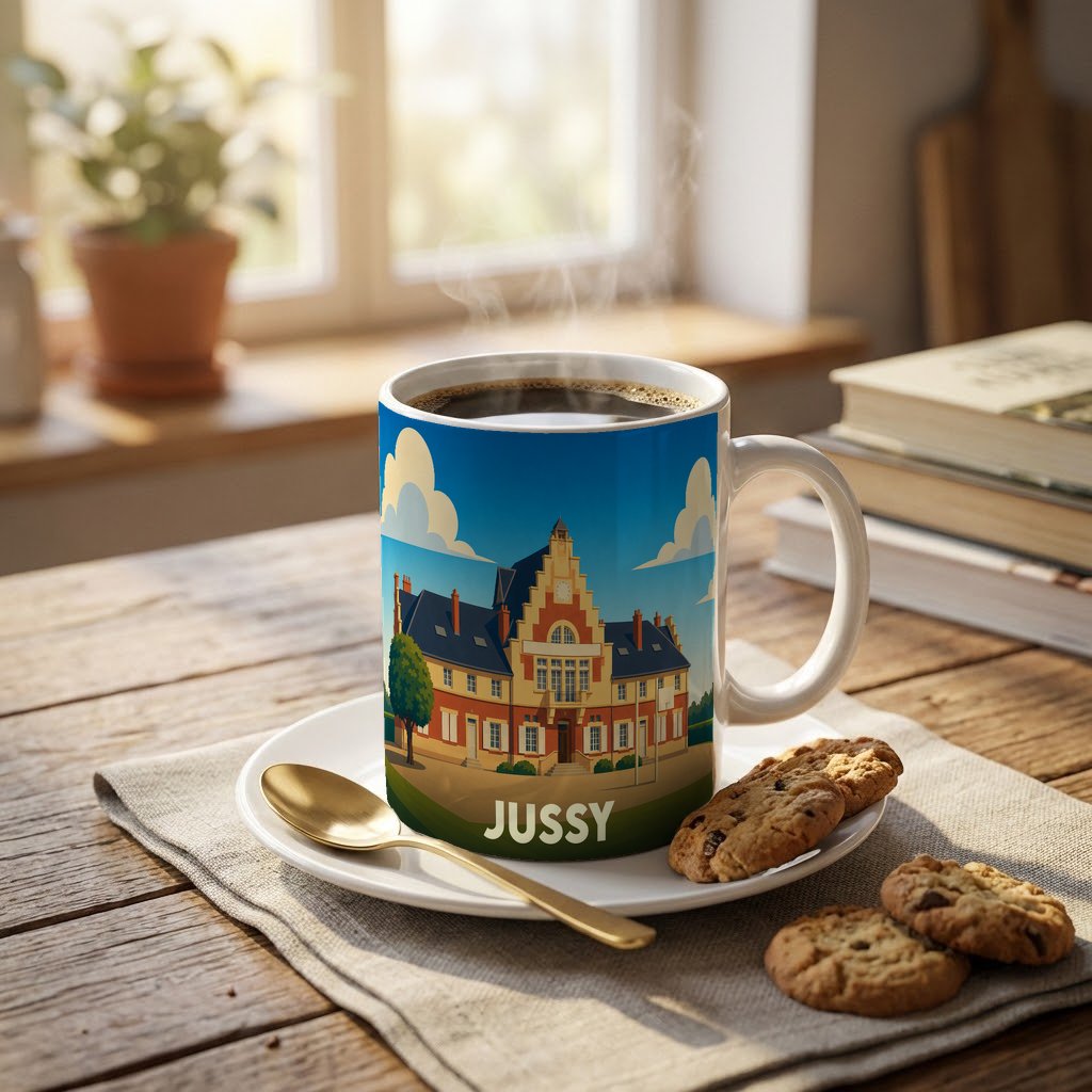 Mug souvenir de la ville de Jussy avec une illustration stylisée de sa mairie.