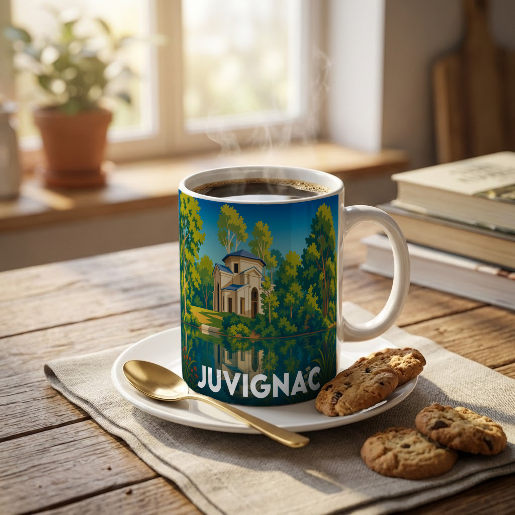 Mug souvenir de la ville de Juvignac avec une illustration stylisée.