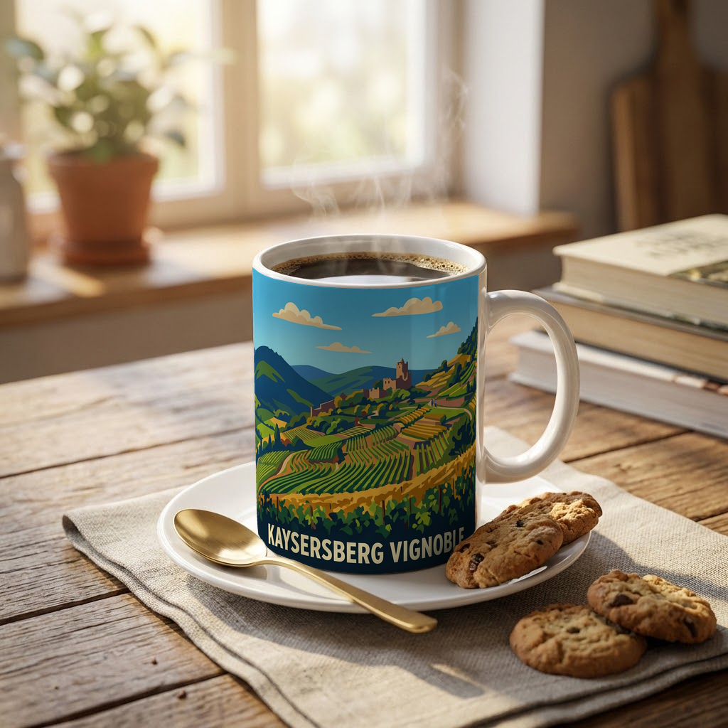 Mug souvenir de la ville de Kaysersberg Vignoble avec une illustration stylisée de ses paysages viticoles.