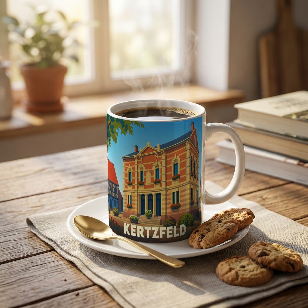 Mug souvenir de la ville de Kertzfeld avec une illustration stylisée d'un bâtiment historique.