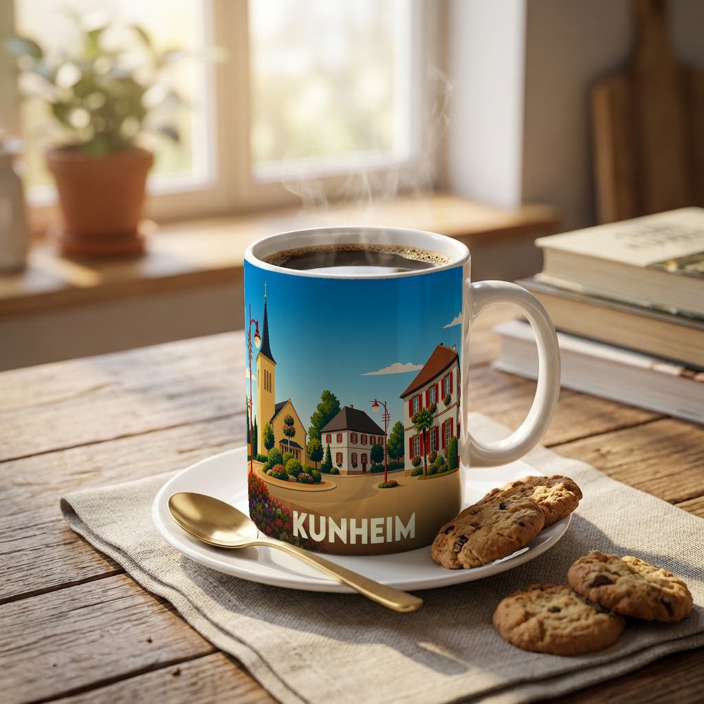 Mug souvenir de la ville de Kunheim avec une illustration colorée et stylisée de ses bâtiments.