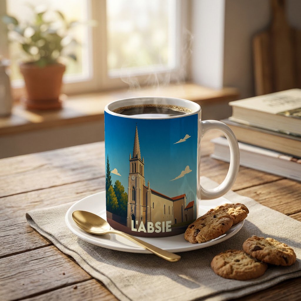 Mug souvenir de la ville de L'Absie avec une illustration stylisée de son église.