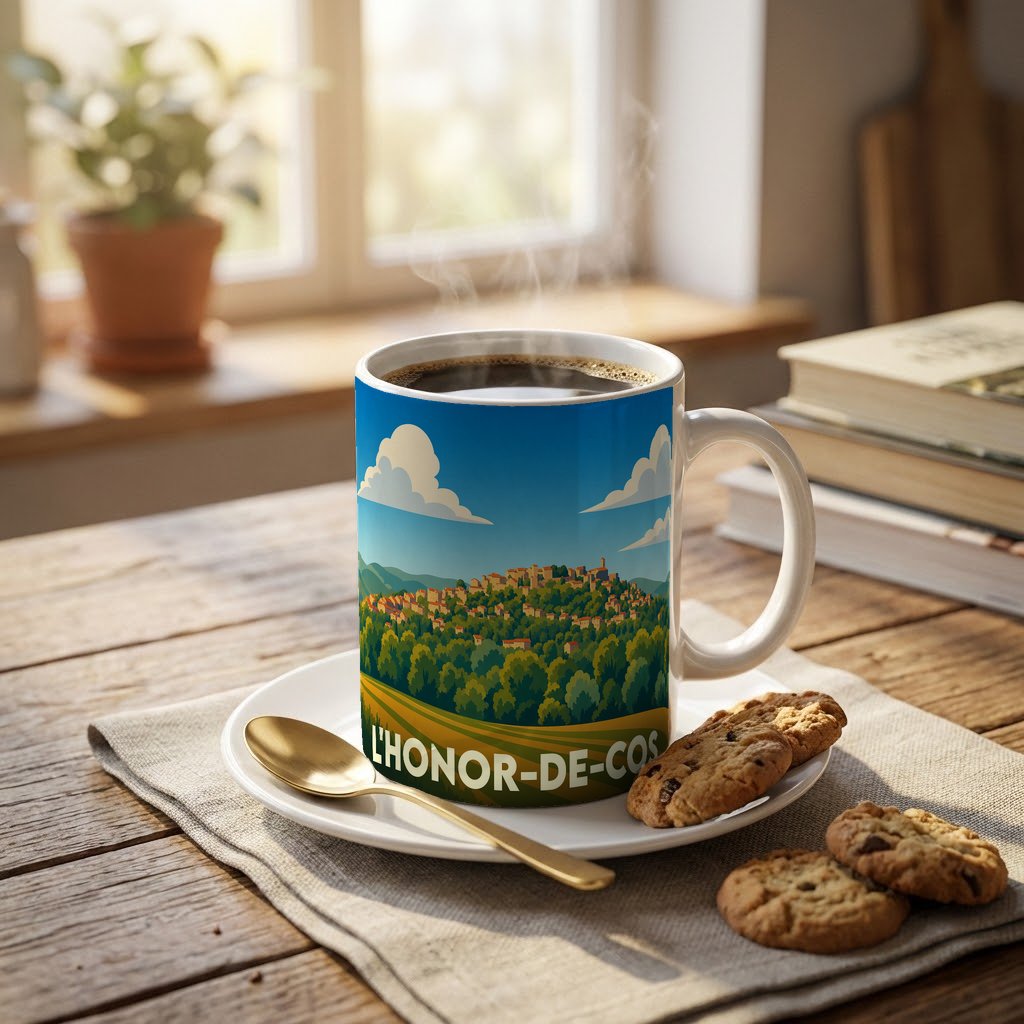 Mug souvenir de la ville de L'Honor-de-Cos avec une illustration stylisée d'un village perché.