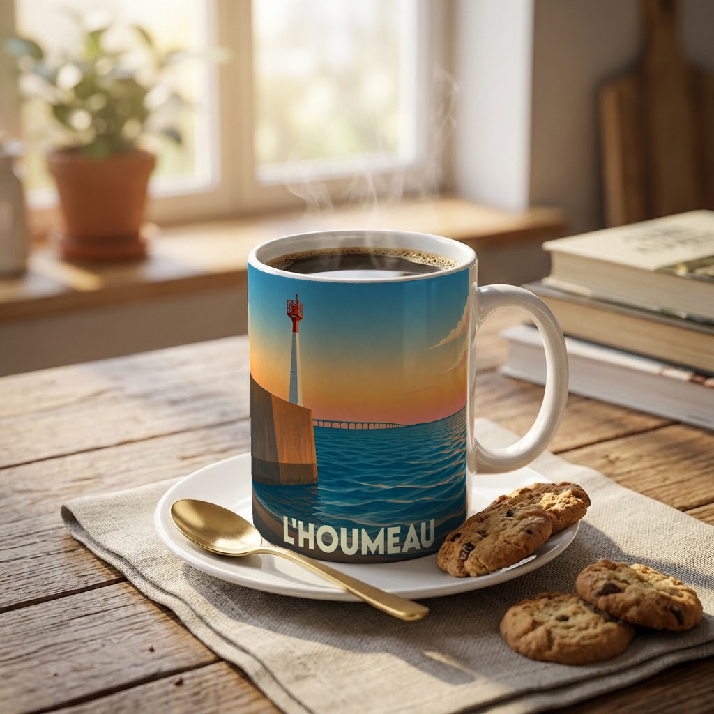 Mug souvenir de la ville de L'Houmeau illustré d'un phare au coucher du soleil sur l'océan.